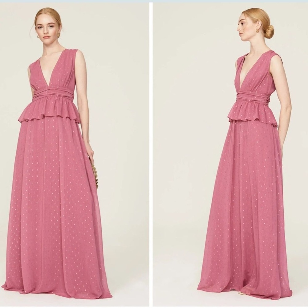 NWT LDT Pink Rose Metallic Peplum Waist V Neck Maxi Gown Dress